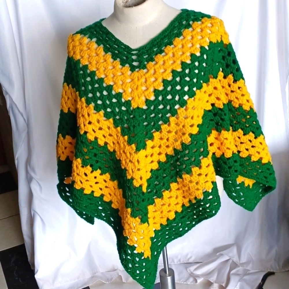 Colorful Handmade Crocheted Poncho, Green & Gold (Packers), OSFA